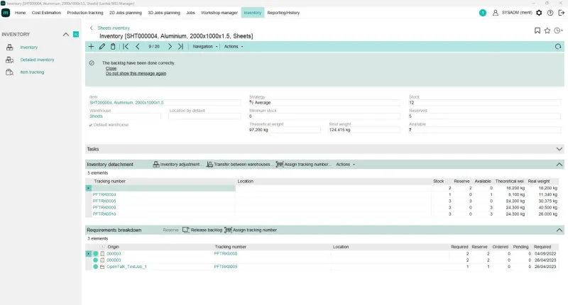 Lantek MES Inventory