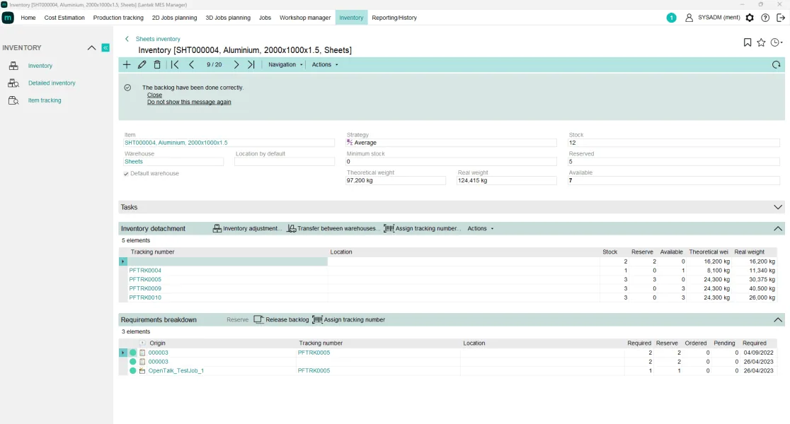 Lantek MES Inventory